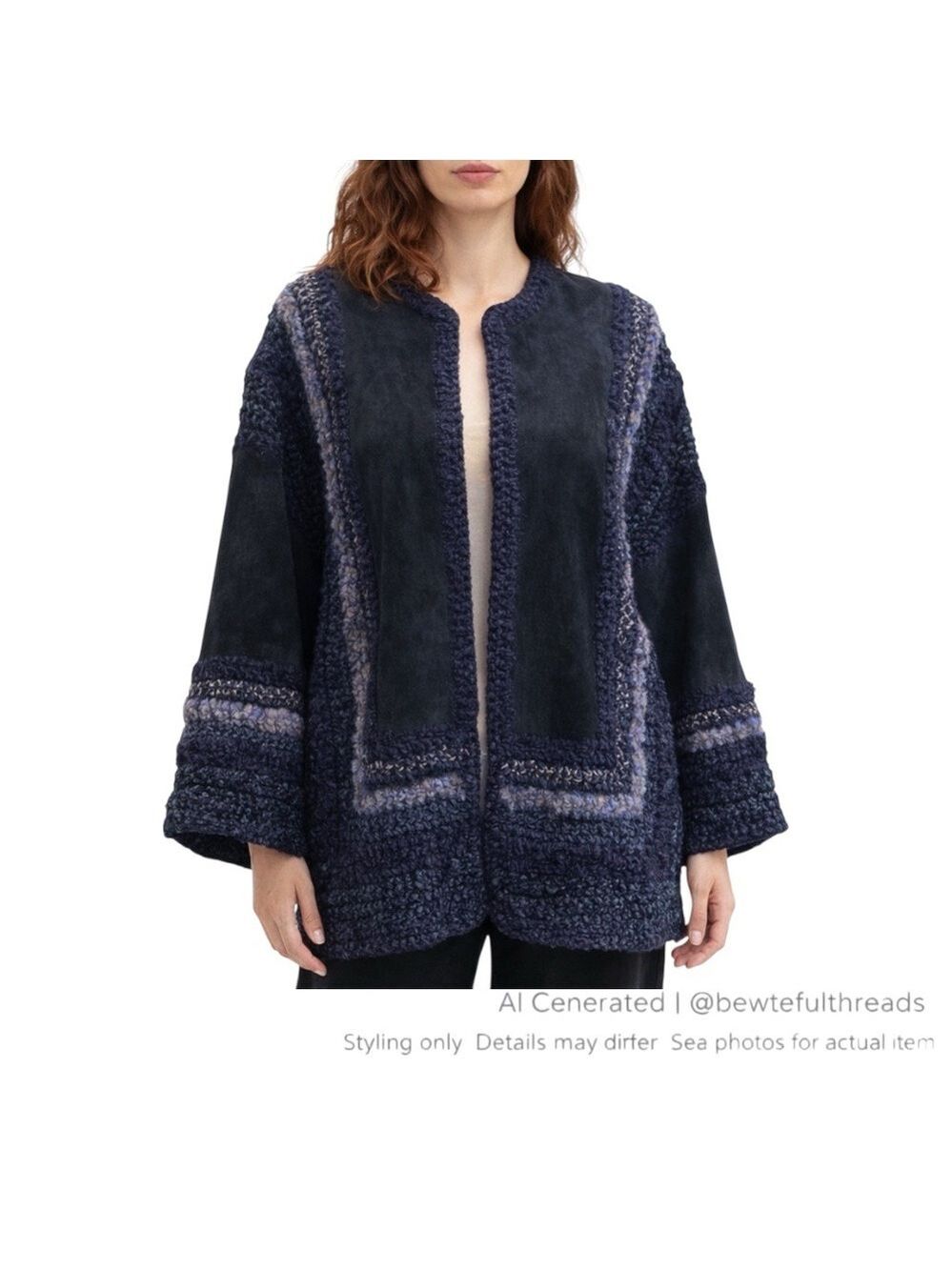 Textured Wool Mohair Knit & Suede Jacket Oversized Lagenlook Art-to-Wear XL